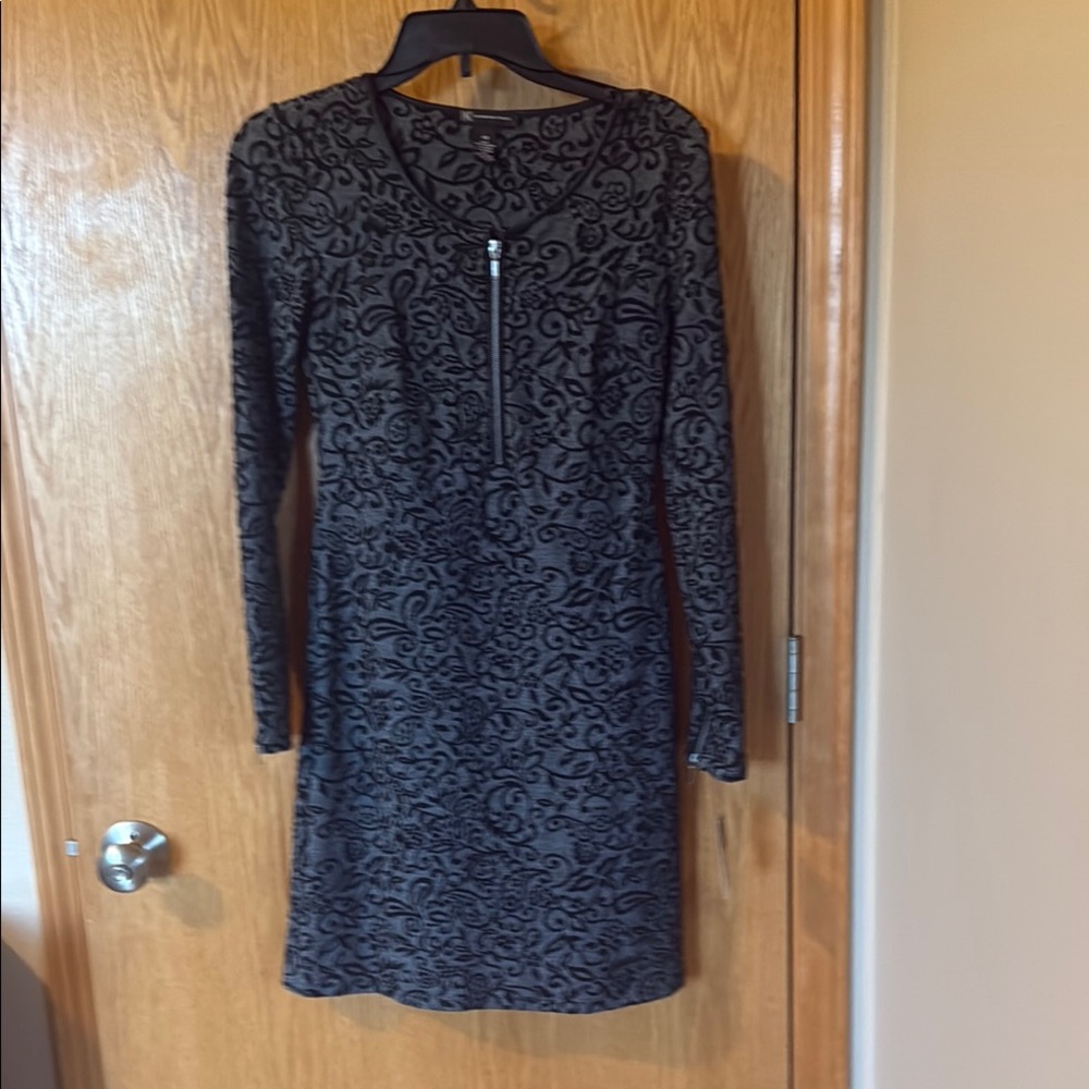 INC International Concepts Black and Silver Sheath Dress Long Sleeve Crew Neck